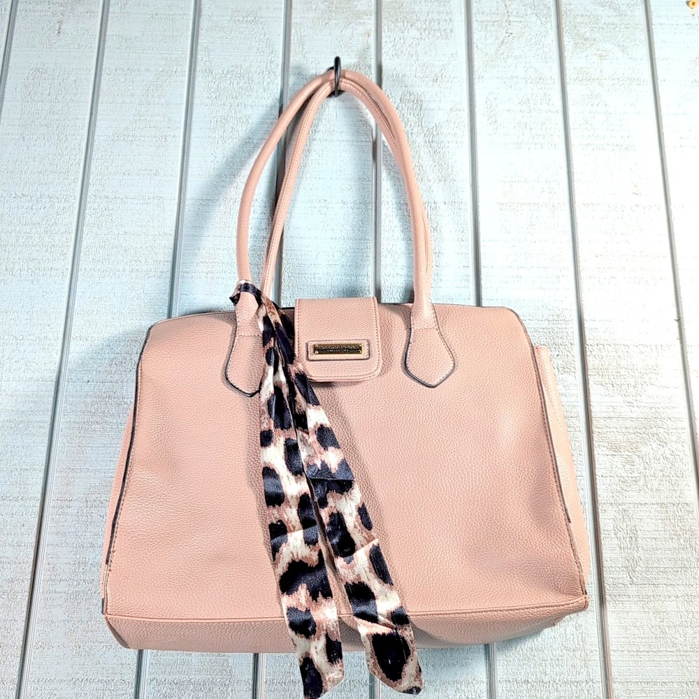 London Fog Womens Pink And Gray Leather Top Handle Tote Daily Shoulder Bag